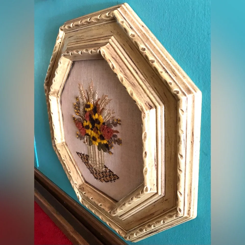 11047 Mid Century Boho Hand Worked Floral Crewelwork in Octagon Ceramic Frame